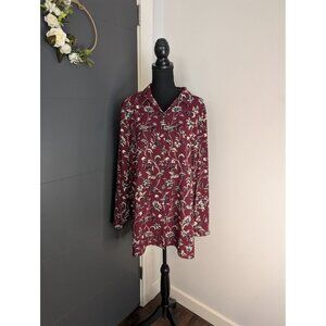 J Jill Pleated‎ Back Burgundy Floral  Tunic Button Down Blouse - XL